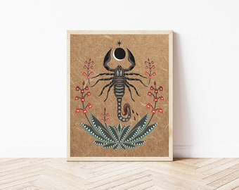 Folk Art Scorpion and Aloe Vera Nature Print - Cottagecore Wall Décor - Southwestern Desert Print, Celestial Illustration, Rustic Witchy Art