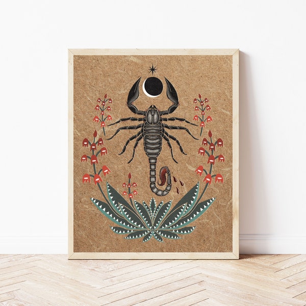 Folk Art Scorpion and Aloe Vera Nature Print - Cottagecore Wall Décor - Southwestern Desert Print, Celestial Illustration, Rustic Witchy Art