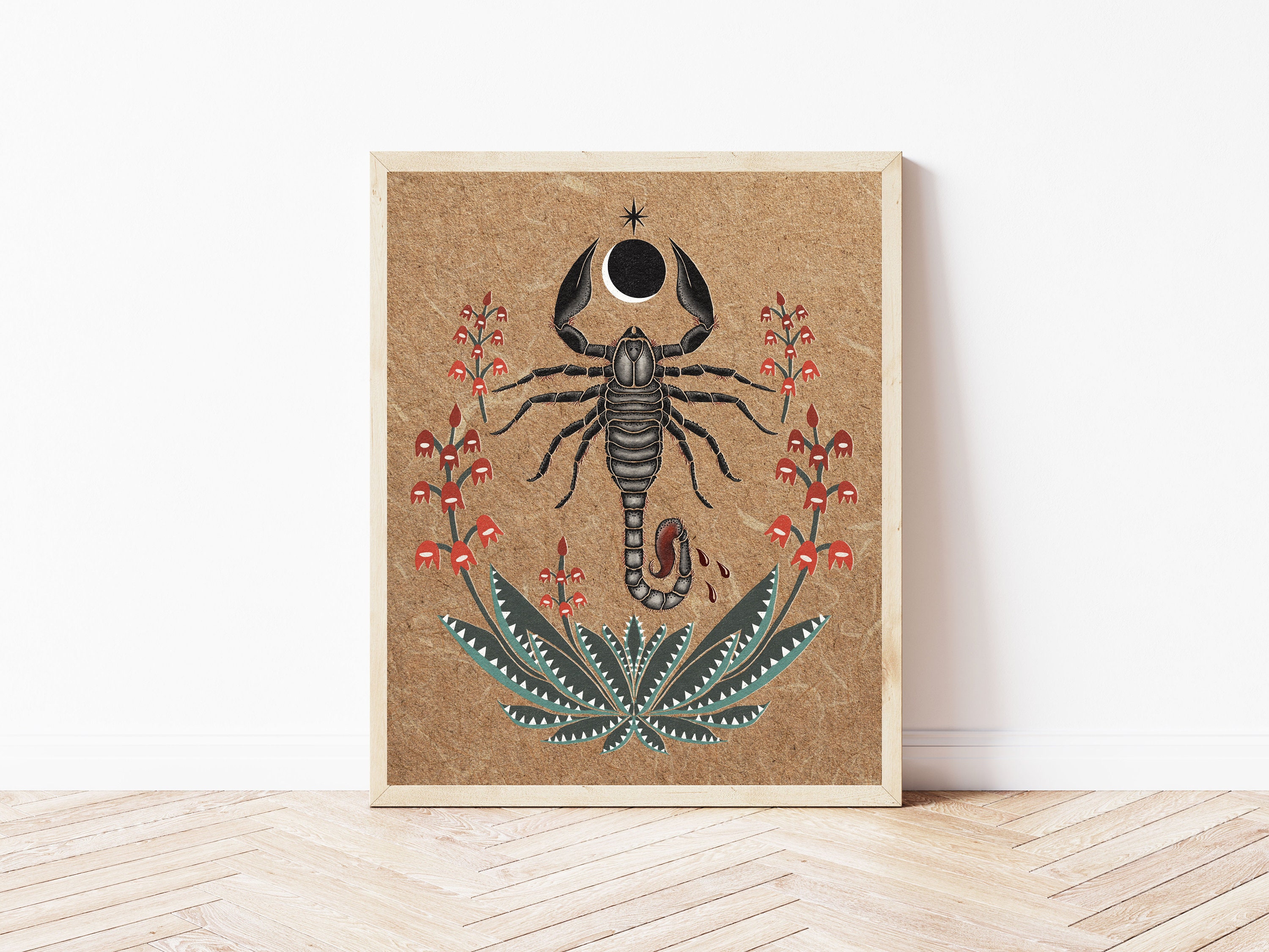 Folk Art Scorpion and Aloe Vera Nature Print - Cottagecore Wall
