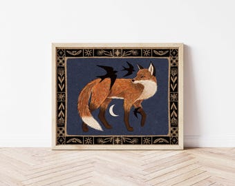 Fox and Swallows Folk Art Nature Print - Red Fox Wall Décor - Celestial, Witchy, Cottagecore Art
