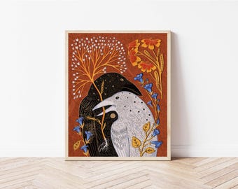 Twin Crows and Botanicals - Bird and Florals Wall Décor - Raven Folk Art Nature Print - Corvid Bird Art