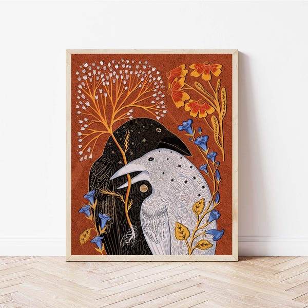 Twin Crows and Botanicals - Bird and Florals Wall Décor - Raven Folk Art Nature Print - Corvid Bird Art