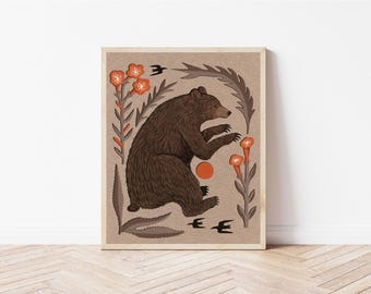 Folk Art Bear and Sun Nature Art Print - Folk Art, Forest, Woodland Illustration - Witchy, Celestial,  Cottagecore Wall Décor