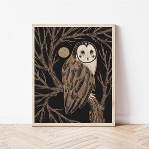 Barn Owl Moon Print: Dark Celestial Folk Art Illustration