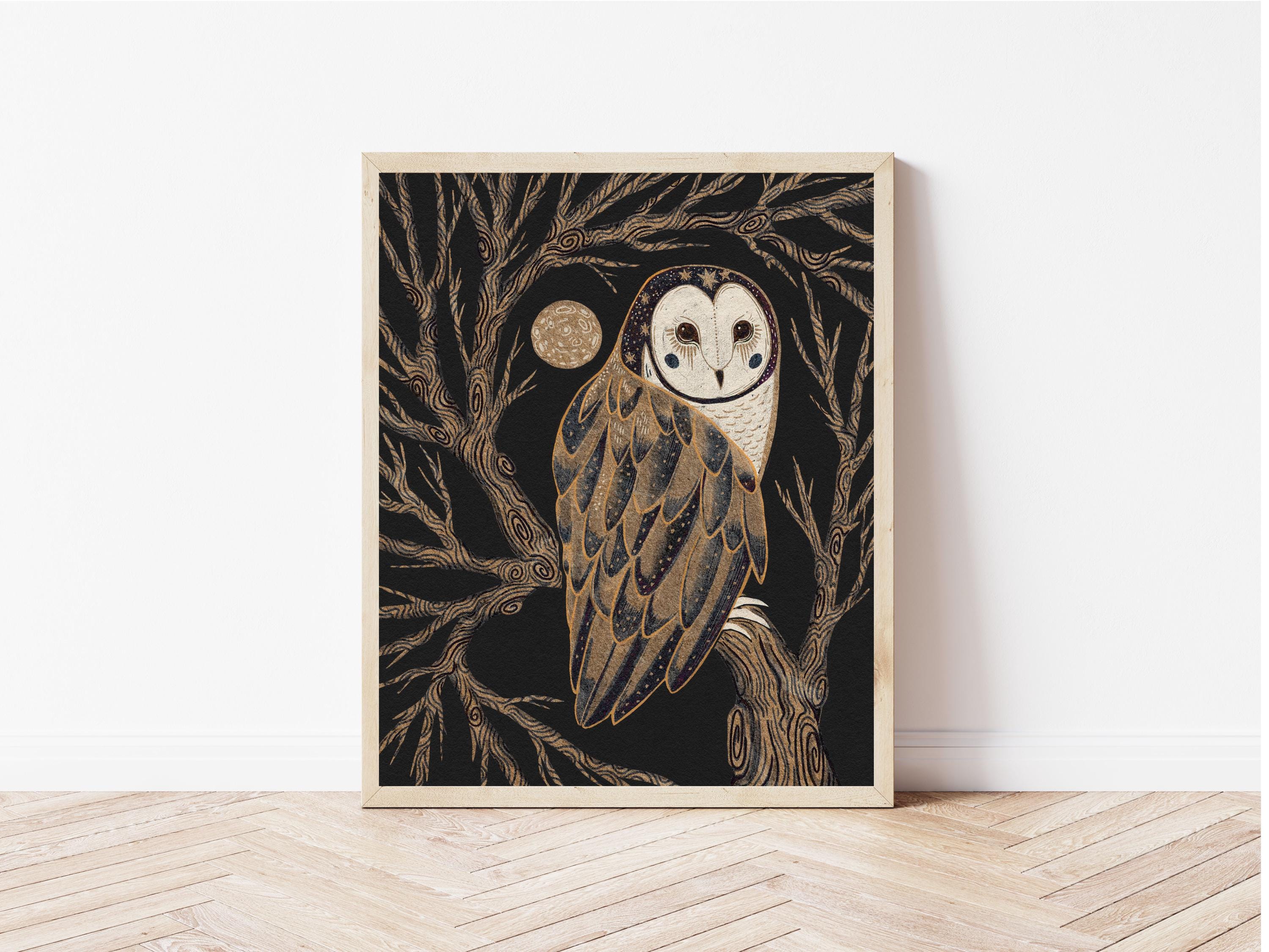 Barn Owl Moon Print: Dark Celestial Folk Art Illustration