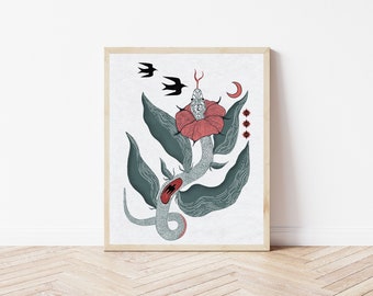 Snake and Birds Folk Art Nature Print - Serpent and Crow Minimalist Wall Décor - Witchy Floral Illustration - Celestial Creature Art
