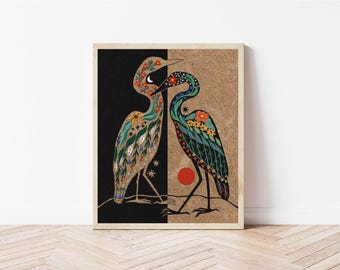 Floral Egrets Folk Art Print - Botanical Bird Illustration - Witchy, Celestial, Cottagecore Wall Décor