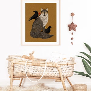 Wolf and Crow Folk Art Nature Print Coyote Art Wall Décor Woodland Creatures, Celestial Moon Phase Nature Illustration image 6