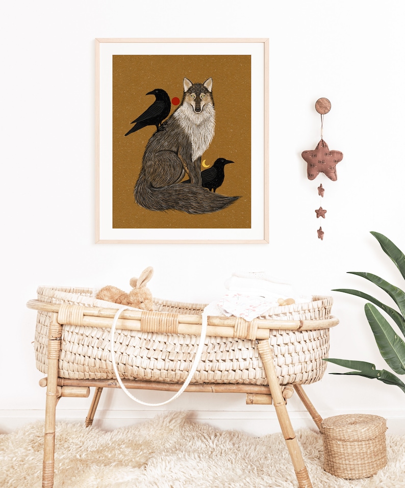 Wolf and Crow Folk Art Nature Print Coyote Art Wall Décor Woodland Creatures, Celestial Moon Phase Nature Illustration image 6