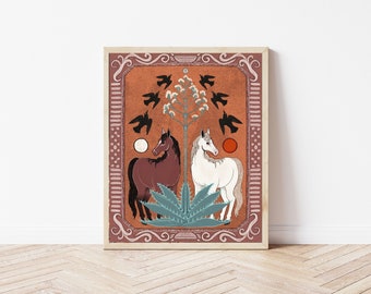 Horses, Birds, and Agave Folk Art Nature Print - Cottagecore Wall Décor - Southwestern Desert Art, Celestial Illustration, Rustic Witchy Art