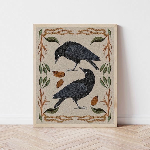 Folk Art Crow Nature Print - Bird Print - Witchy Cottagecore Art - Gothic Raven Wall Décor