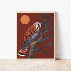 American Kestrel and Sun Folk Art Print - Falcon and Moon Illustration - Witchy, Celestial, Cottagecore Wall Décor
