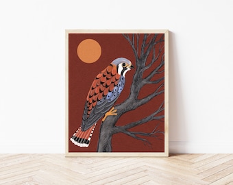 American Kestrel and Sun Folk Art Print - Falcon and Moon Illustration - Witchy, Celestial, Cottagecore Wall Décor