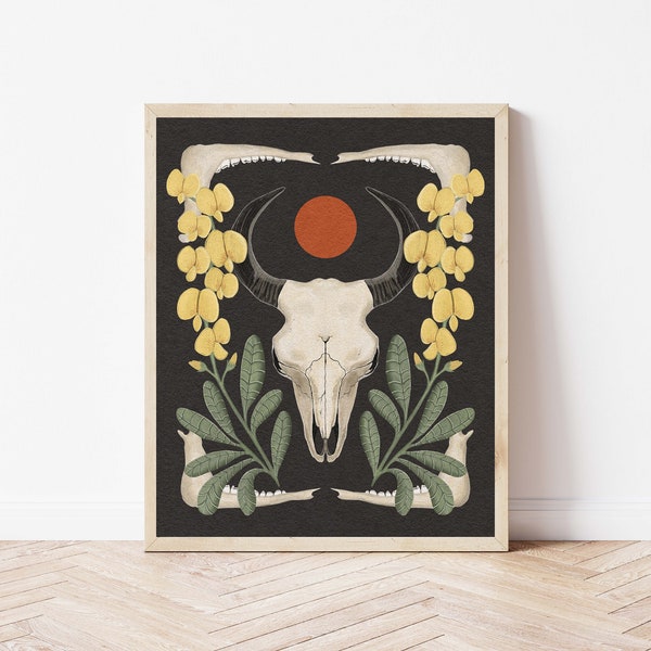 Cow Skull and Sun Folk Art Print - Bovine Skull Desert Print - Crotalaria Flowers Illustration - Witchy, Celestial, Southwestern Wall Décor