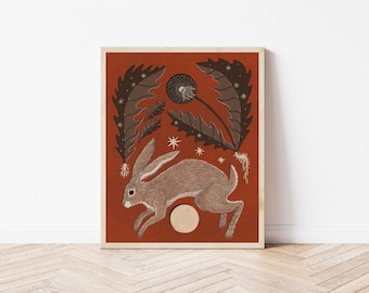Hare and Dandelion Nature Art Print - Rabbit Illustration - Witchy, Celestial, Southwestern Cottagecore Wall Décor