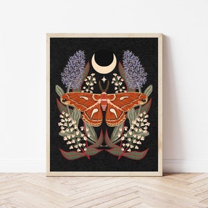 Ceanothus Silk Moth, California Lilac, and Laurel Sumac Botanical Insect Décor - Nature Moth Art Print - Celestial Witchy Boho Illustration