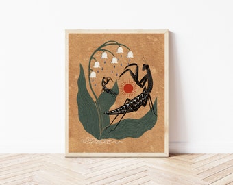 Praying Mantis and Lily of the Valley Nature Art Print - Folk Art Flower and Insect Art - Whimsical Bug and Botanical Boho Wall Décor