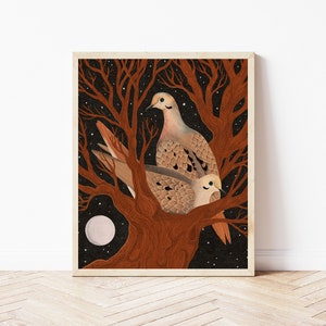 Mourning Doves and Moon Folk Art Nature Print - Boho Bird Wall Décor - Tree Nature Illustration - Autumn Colors Whimsical Wall Art