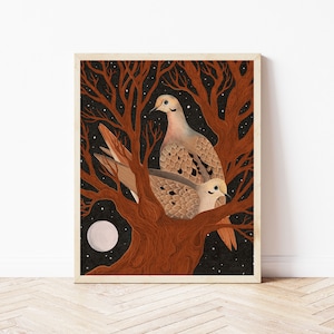 Mourning Doves and Moon Folk Art Nature Print - Boho Bird Wall Décor - Tree Nature Illustration - Autumn Colors Whimsical Wall Art