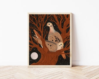 Mourning Doves and Moon Folk Art Nature Print - Boho Bird Wall Décor - Tree Nature Illustration - Autumn Colors Whimsical Wall Art