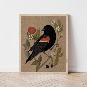 Red-Winged Blackbird and Blackberry Bush Folk Art Print - Songbird and Botanical Illustration - Witchy, Celestial, Cottagecore Wall Décor