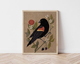 Red-Winged Blackbird and Blackberry Bush Folk Art Print - Songbird and Botanical Illustration - Witchy, Celestial, Cottagecore Wall Décor