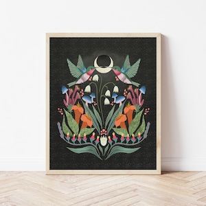 Night Moon and Hummingbird Botanical Illustration - Bird and Floral Garden Wall Décor - Ruby Throated Hummingbird and Honeysuckle Art Print