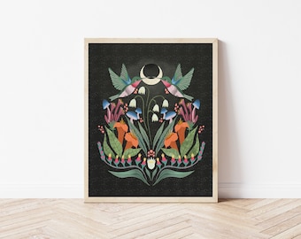 Night Moon and Hummingbird Botanical Illustration - Bird and Floral Garden Wall Décor - Ruby Throated Hummingbird and Honeysuckle Art Print