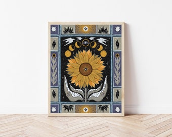 Sunflower and Beetle Folk Art Print - Botanical Garden Illustration - Witchy, Celestial, Cottagecore Wall Décor