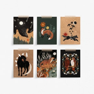 Variety Bundle 6 Pack Mini Prints - 5 x 7 inch Assorted Folk Art Wall Décor - Animal Art Prints - Dark Cottagecore Nature Illustration