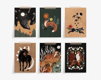 Variety Bundle 6 Pack Mini Prints - 5 x 7 inch Assorted Folk Art Wall Décor - Animal Art Prints - Dark Cottagecore Nature Illustration