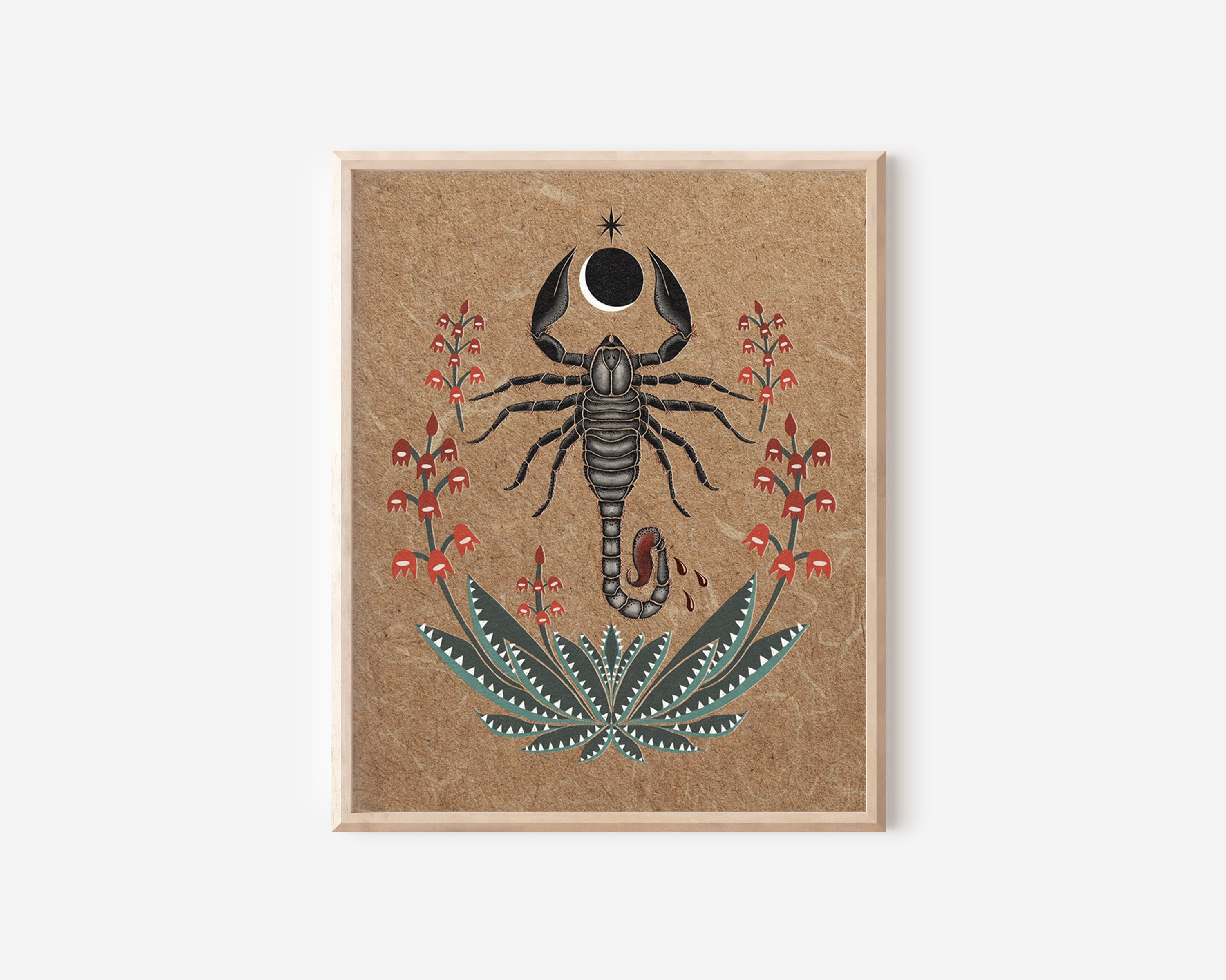 Folk Art Scorpion and Aloe Vera Nature Print - Cottagecore Wall