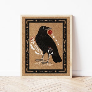 Crow, Shooting Stars, and Blood Moon Folk Art Nature Print - Gothic Raven Wall Décor - Floral Black Bird Illustration - Macabre Nature Print