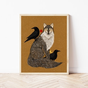 Wolf and Crow Folk Art Nature Print - Coyote Art Wall Décor - Woodland Creatures, Celestial Moon Phase Nature Illustration