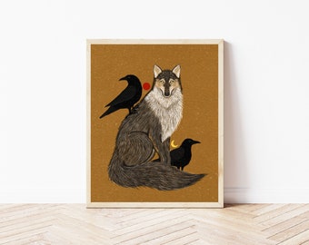 Wolf and Crow Folk Art Nature Print - Coyote Art Wall Décor - Woodland Creatures, Celestial Moon Phase Nature Illustration