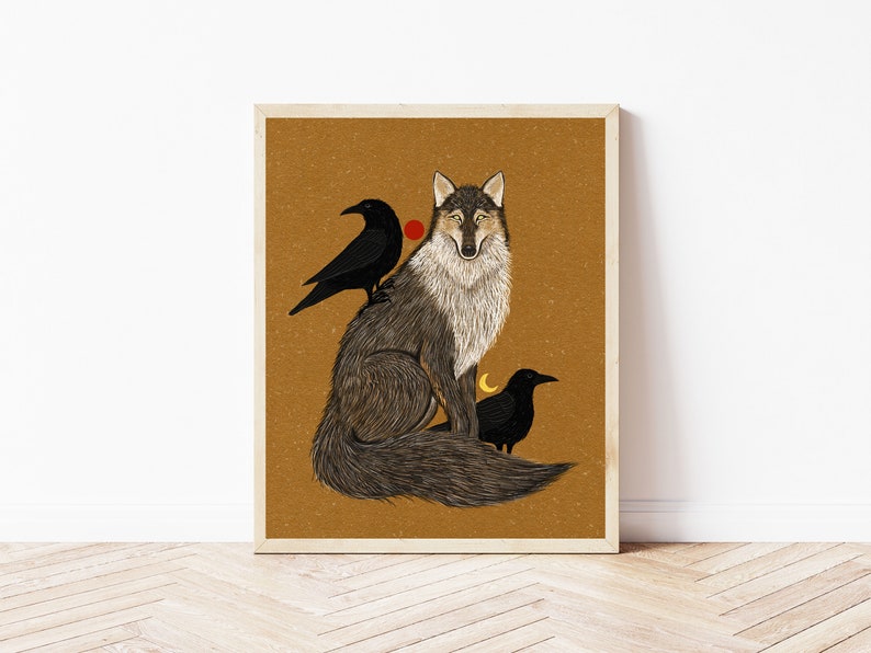 Wolf and Crow Folk Art Nature Print Coyote Art Wall Décor Woodland Creatures, Celestial Moon Phase Nature Illustration image 1