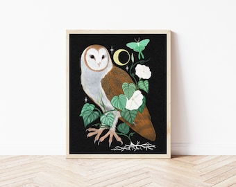 Barn Owl, Luna Moth, and Moonflower Botanical Art Print - Bird Folk Art Illustration - Dark Nighttime Celestial Witchy Art - Nature Lover