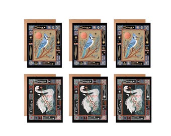 6 Pack Blue Jays and Swans A2 Folded Greeting Cards - Blank Notecards - Holiday Stationery