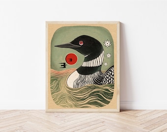 Loon and Blood Moon - Bird, Pond, and Sunset Wall Décor - Common Loon Folk Art Nature Print - Bird Art