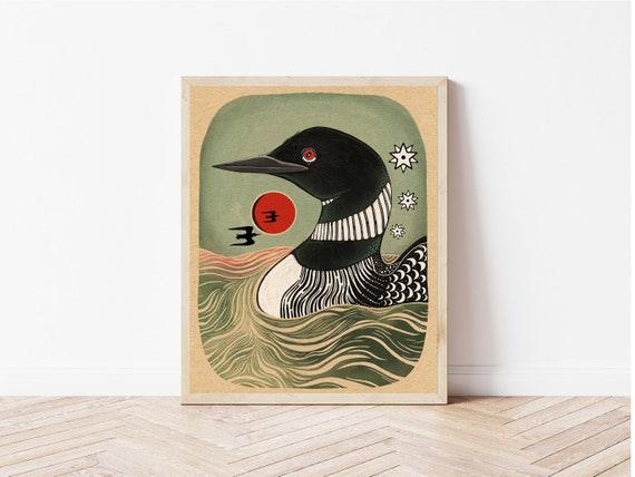 Loon and Blood Moon - Bird, Pond, and Sunset Wall Décor - Common Loon Folk Art Nature Print - Bird Art