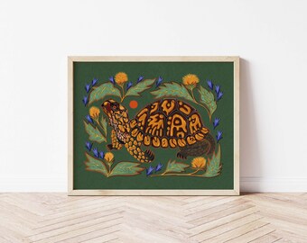 Box Turtle and Flowers Folk Art Nature Print - Whimsical Living Room Decor - Reptile Wall Art