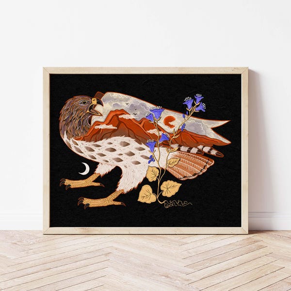 Red Tailed Hawk, Mountains, and Bluebell Folk Art Print