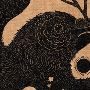 May include: Black and white illustration of a crow with a detailed eye, surrounded by a starry night sky with a crescent moon and a sun. The crow is perched on a branch with a small bird flying above.