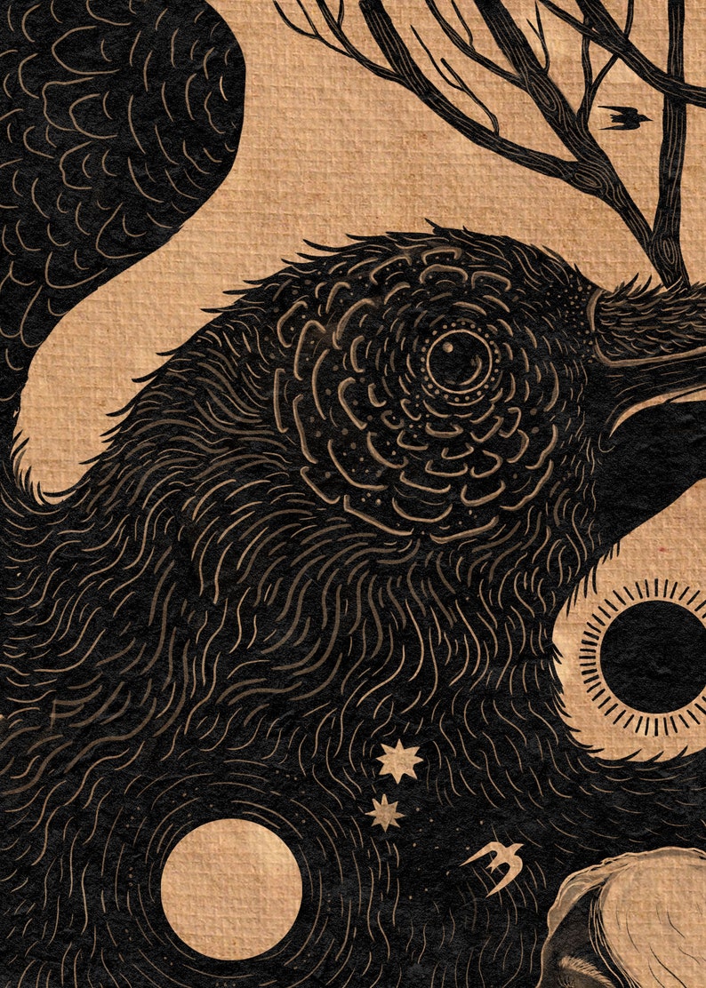 May include: Black and white illustration of a crow with a detailed eye, surrounded by a starry night sky with a crescent moon and a sun. The crow is perched on a branch with a small bird flying above.
