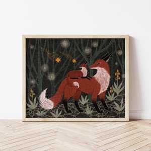 Fox Mama and Baby Folk Nature Print - Red Fox and Sooting Star Wall Décor - Celestial, Witchy, Cottagecore Art