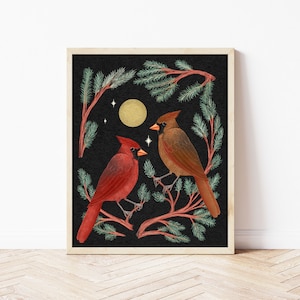 Cardinals and Pine Folk Art Nature Print - Colorful Birds and Moon Illustration - Witchy, Celestial, Cottagecore Wall Décor - Holiday Art