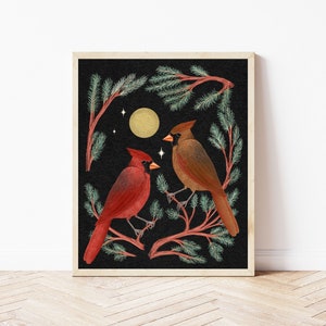 Cardinals and Pine Folk Art Nature Print - Colorful Birds and Moon Illustration - Witchy, Celestial, Cottagecore Wall Décor - Holiday Art