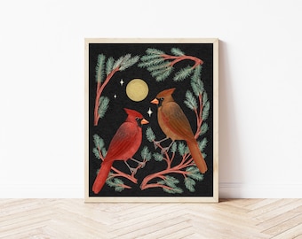 Cardinals and Pine Folk Art Nature Print - Colorful Birds and Moon Illustration - Witchy, Celestial, Cottagecore Wall Décor - Holiday Art