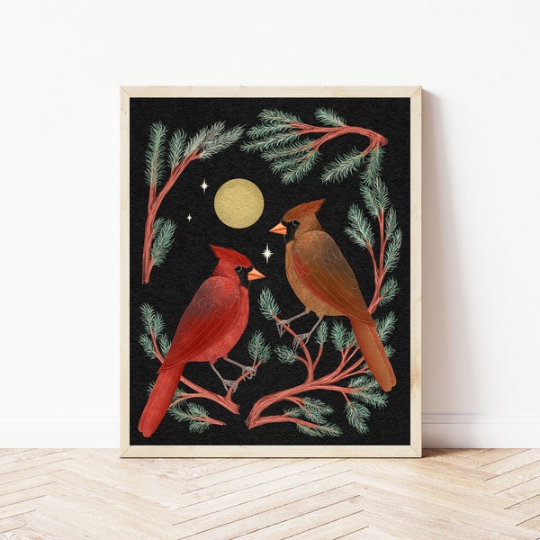 Cardinals and Pine Folk Art Nature Print - Colorful Birds and Moon Illustration - Witchy, Celestial, Cottagecore Wall Décor - Holiday Art