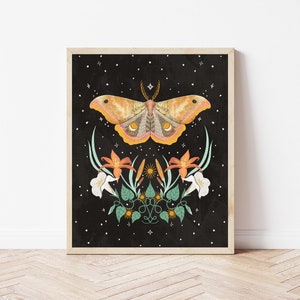 Dark Boho Botanicals and Moth Art Print - Starry Sky Moth and Moon Flowers - Sun, Moon, and Floral Wreath Illustration - Witchy Wall Décor